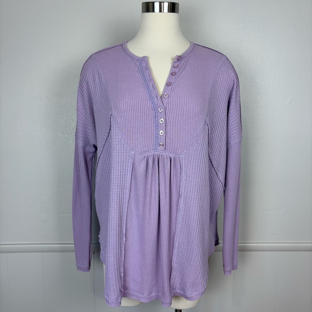 Free‎ People Leo Henley Thermal Knit Top Size XS Fair Orchid Soft Oversized Boho